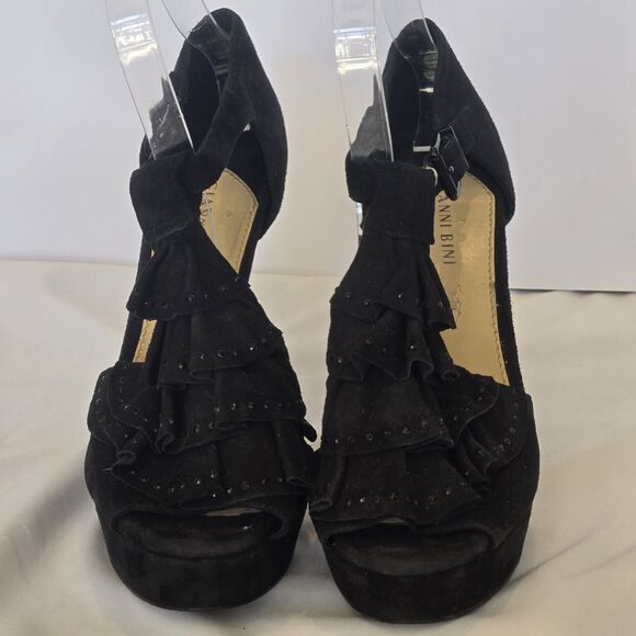 Gianni Bini Aimee Black Suede Women 9.5M Rhinestone Ruffle Top Open Toe Heels - Picture 5 of 9